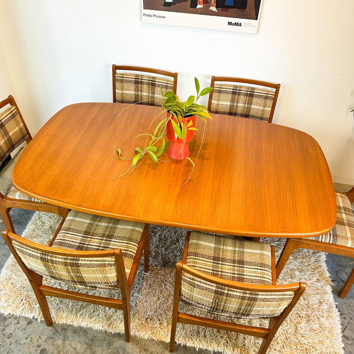 PEDESTAL EXTENSION DINING TABLE & SIX CHAIRS - HEY JUDE WORKSHOP • Vintage furniture & objects Melbourne