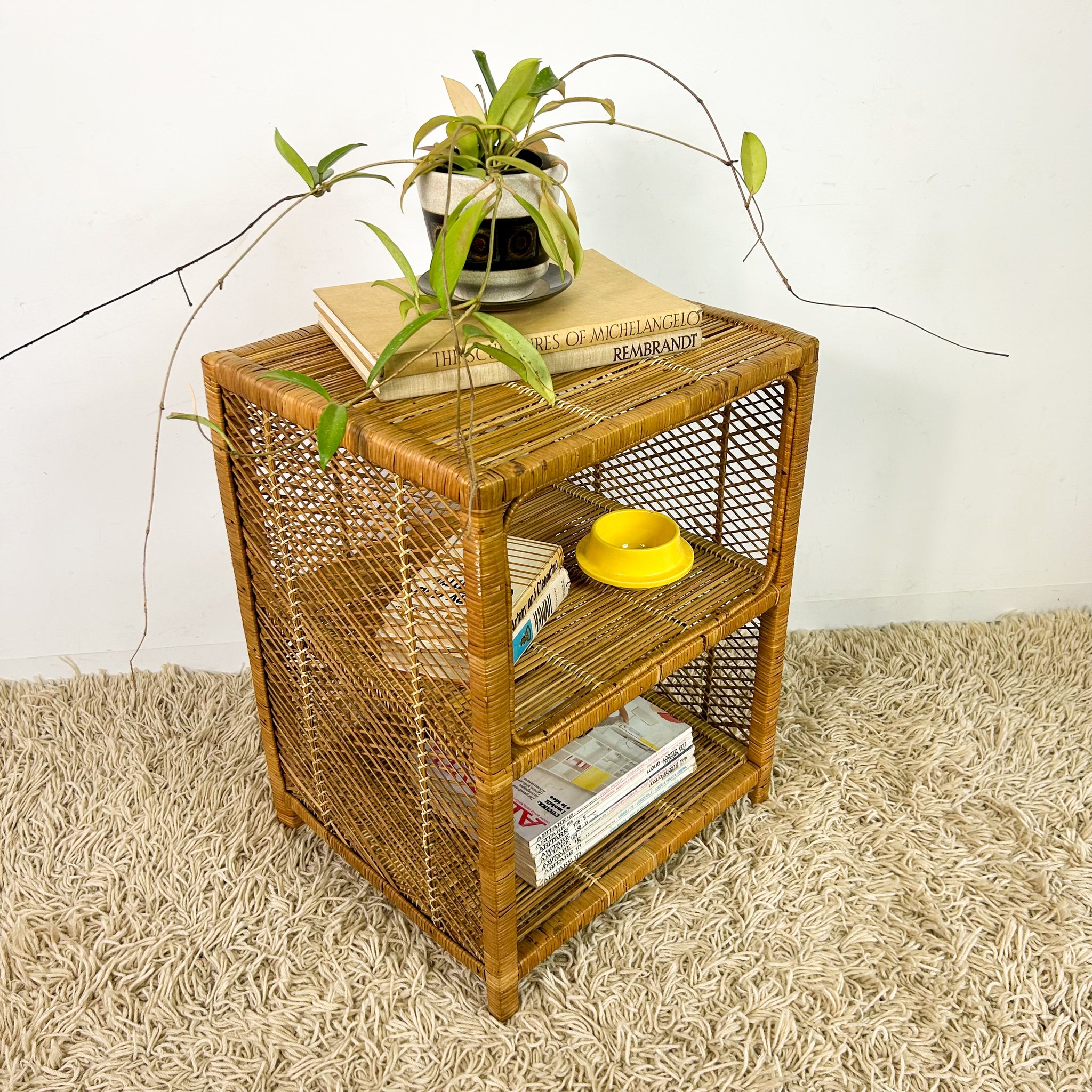 CANE SHELVES/SIDE TABLE