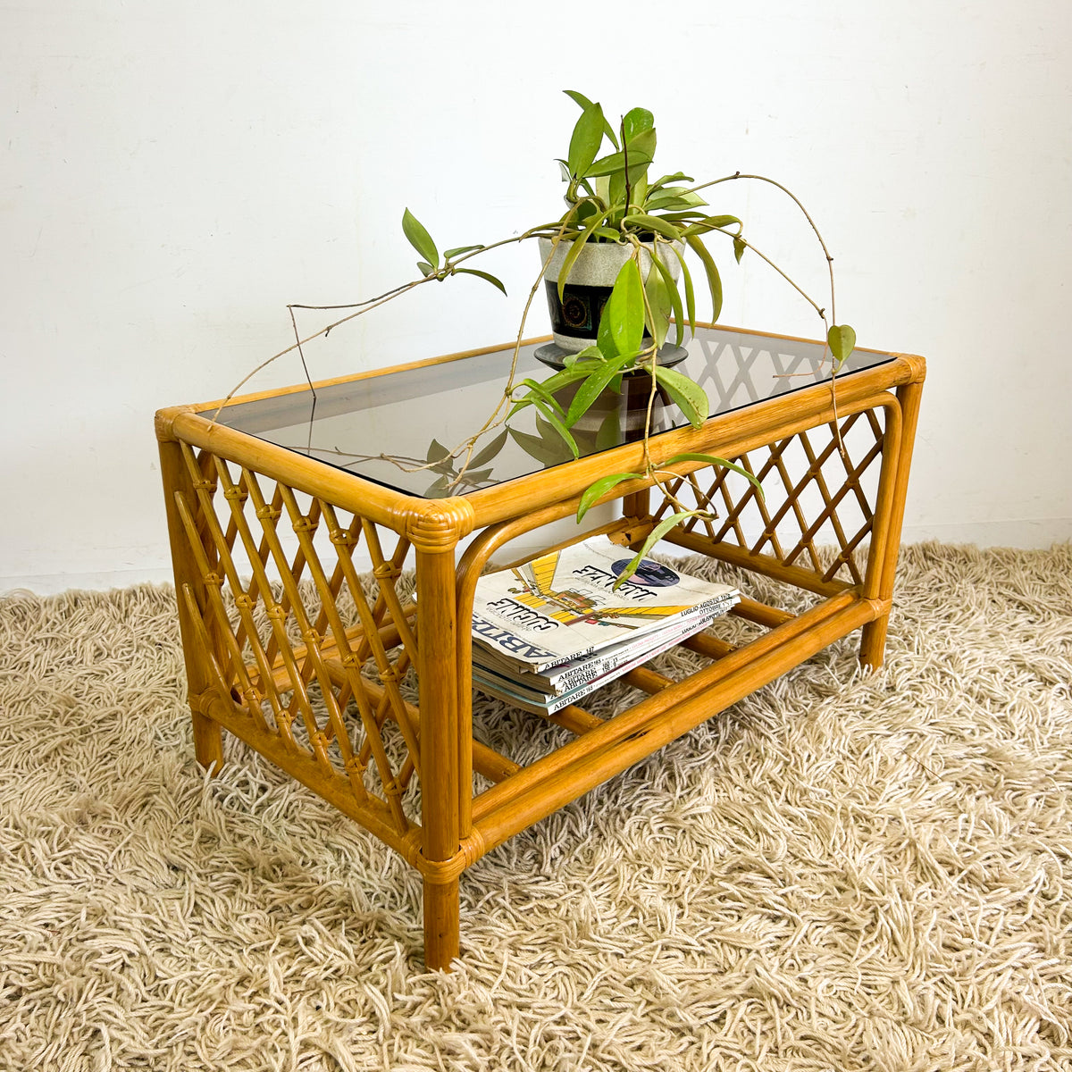 CANE & SMOKY GLASS COFFEE TABLE