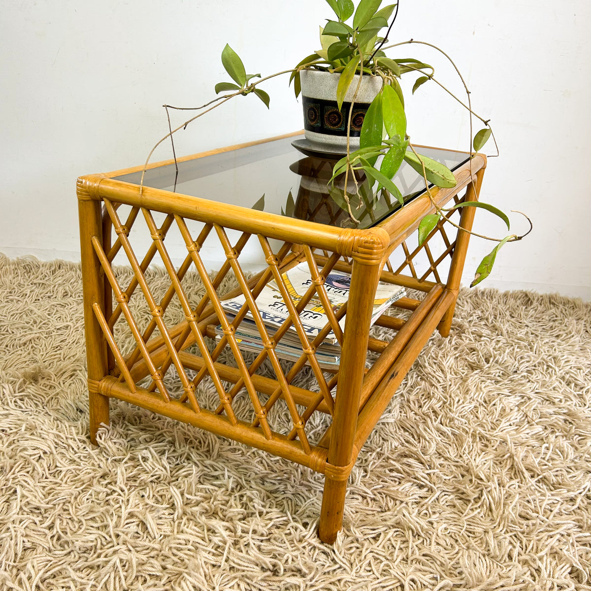 CANE & SMOKY GLASS COFFEE TABLE