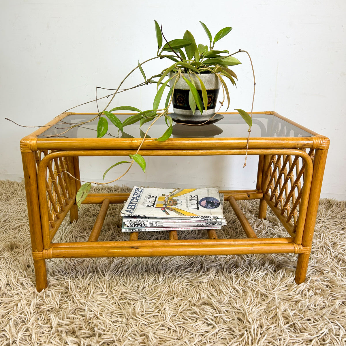 CANE & SMOKY GLASS COFFEE TABLE