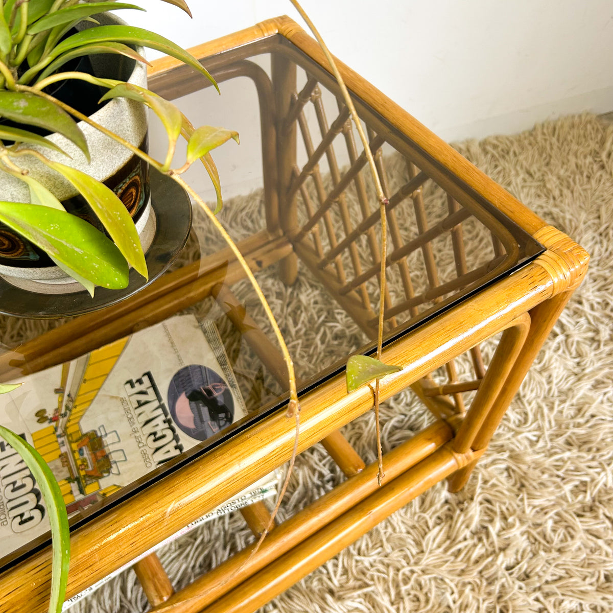 CANE & SMOKY GLASS COFFEE TABLE