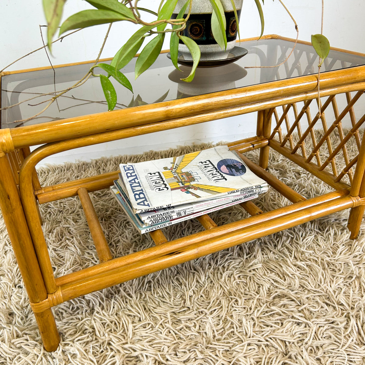 CANE & SMOKY GLASS COFFEE TABLE