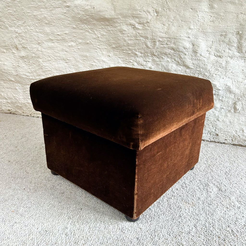BROWN VELVET FOOTSTOOL - HEY JUDE WORKSHOP • Vintage furniture & objects Melbourne