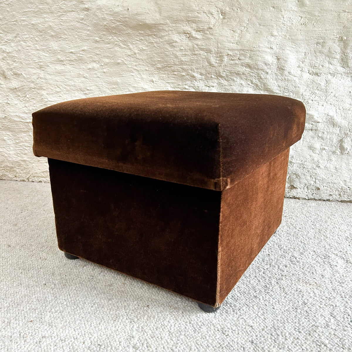 BROWN VELVET FOOTSTOOL - HEY JUDE WORKSHOP • Vintage furniture & objects Melbourne