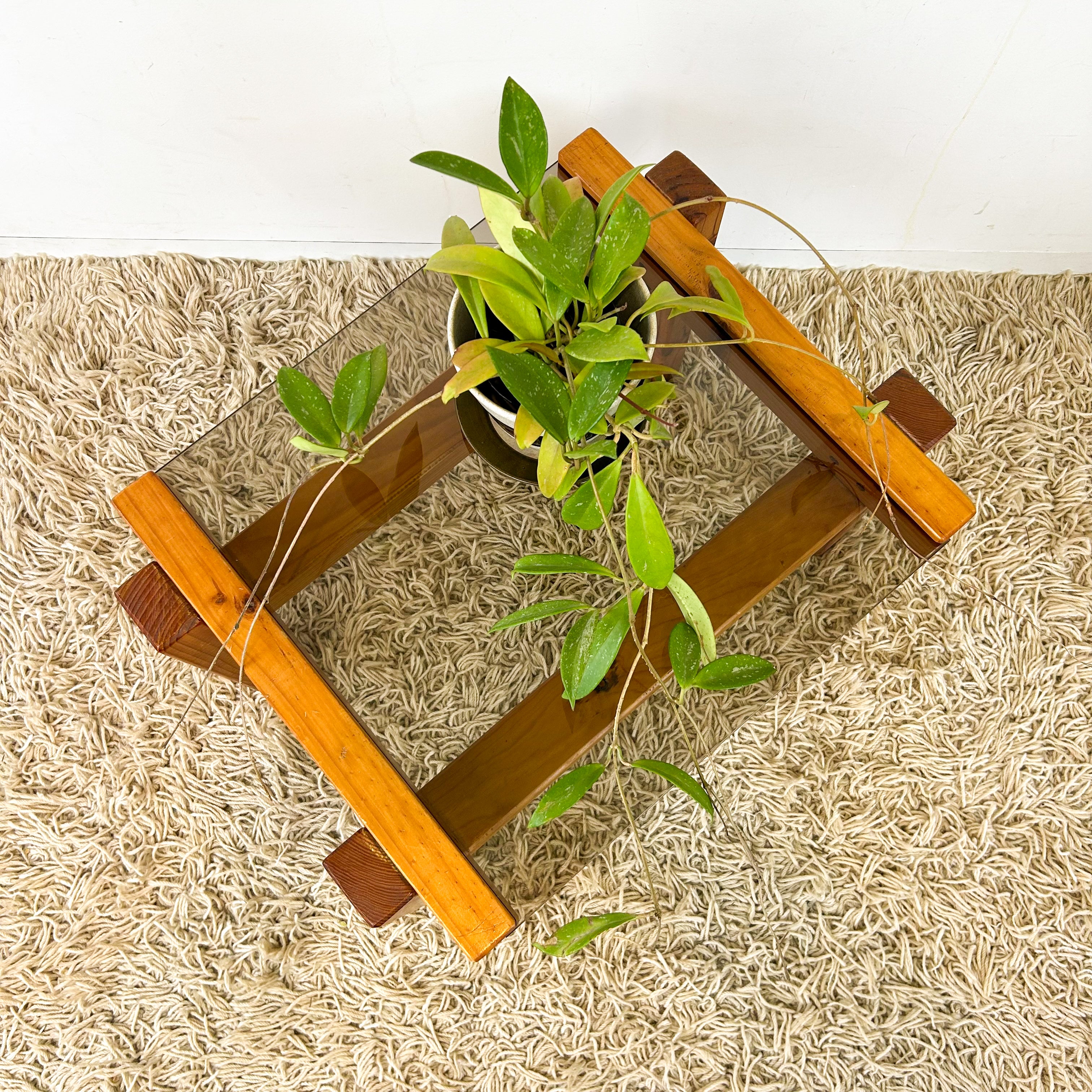 CHUNKY PINE & SMOKY GLASS COFFEE TABLE - HEY JUDE WORKSHOP • Vintage furniture & objects Melbourne