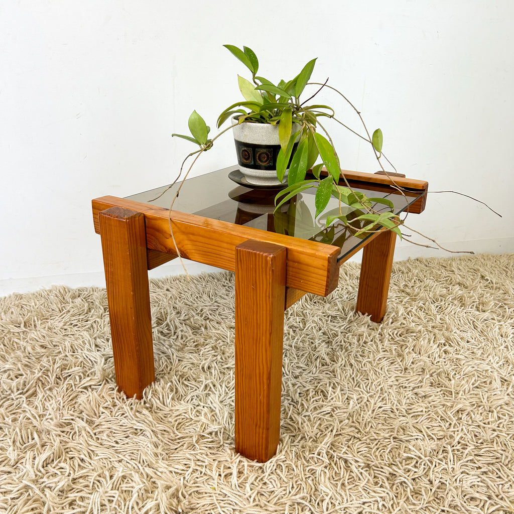 CHUNKY PINE & SMOKY GLASS COFFEE TABLE - HEY JUDE WORKSHOP • Vintage furniture & objects Melbourne