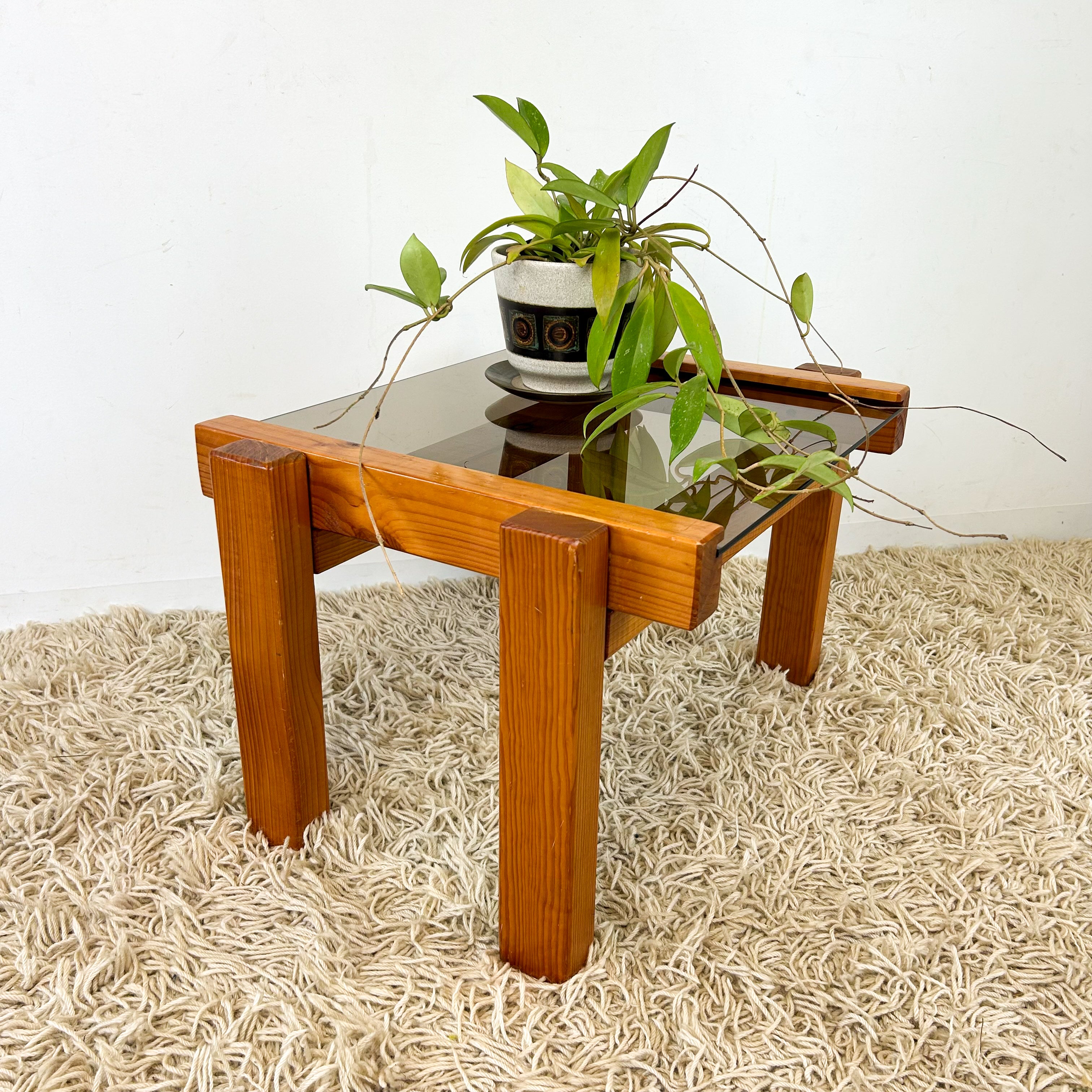 CHUNKY PINE & SMOKY GLASS COFFEE TABLE - HEY JUDE WORKSHOP • Vintage furniture & objects Melbourne