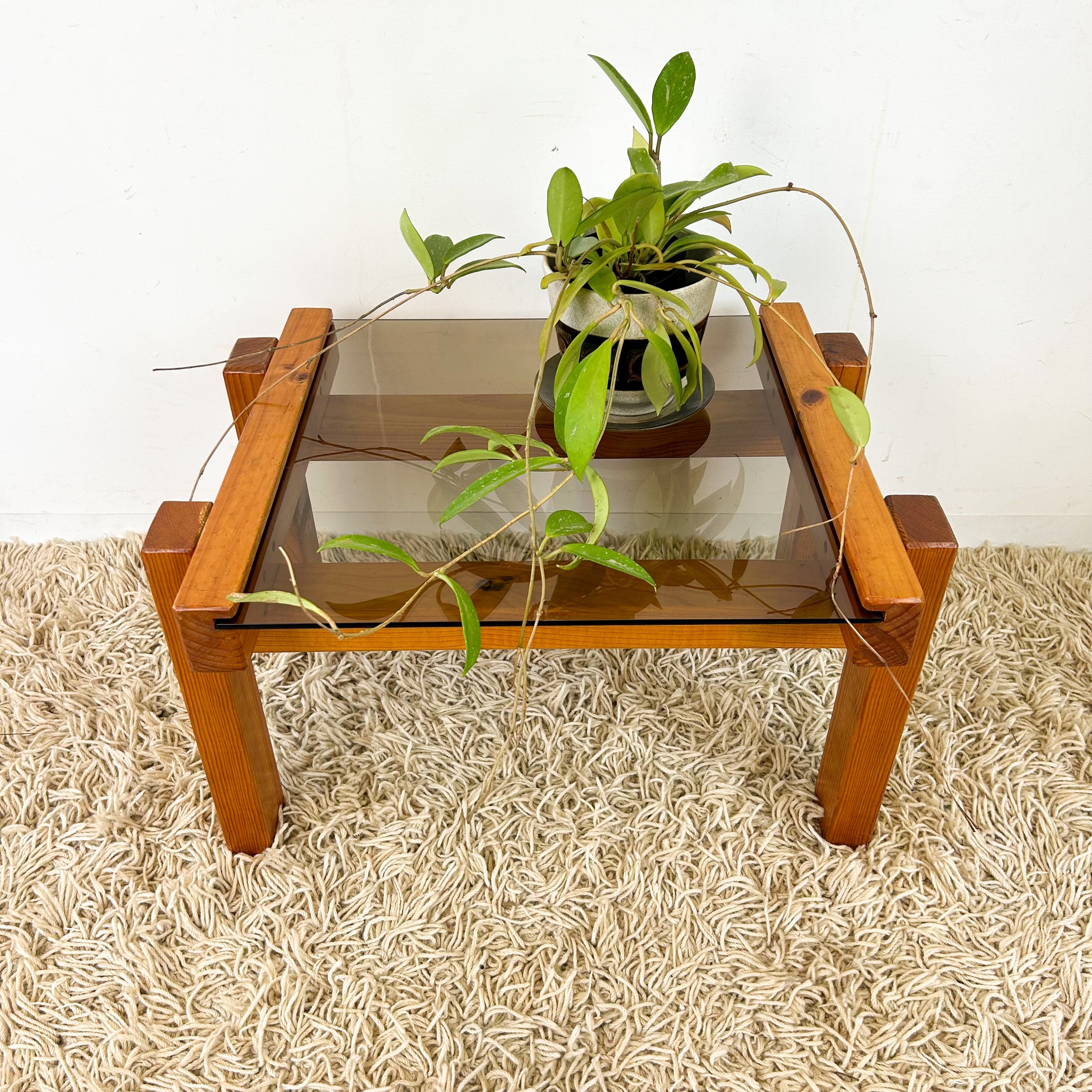 CHUNKY PINE & SMOKY GLASS COFFEE TABLE - HEY JUDE WORKSHOP • Vintage furniture & objects Melbourne