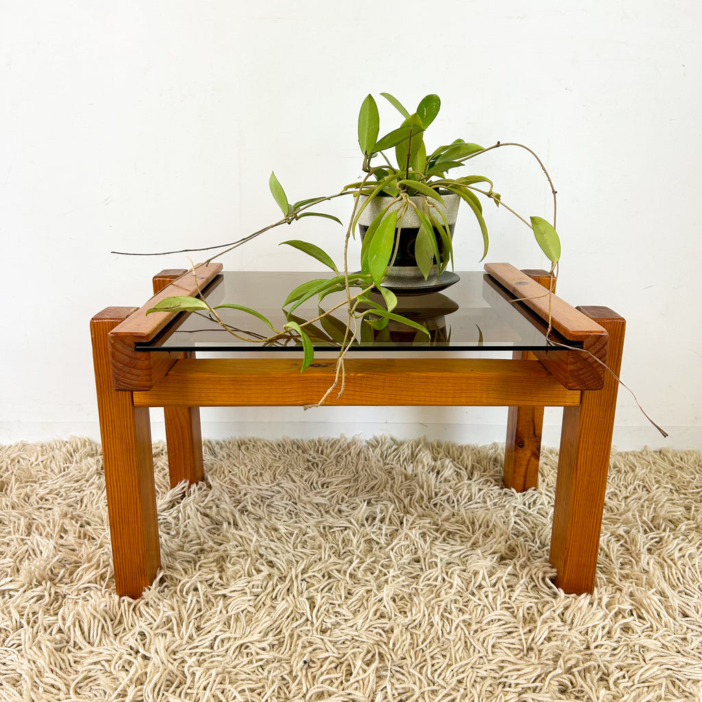 CHUNKY PINE & SMOKY GLASS COFFEE TABLE - HEY JUDE WORKSHOP • Vintage furniture & objects Melbourne