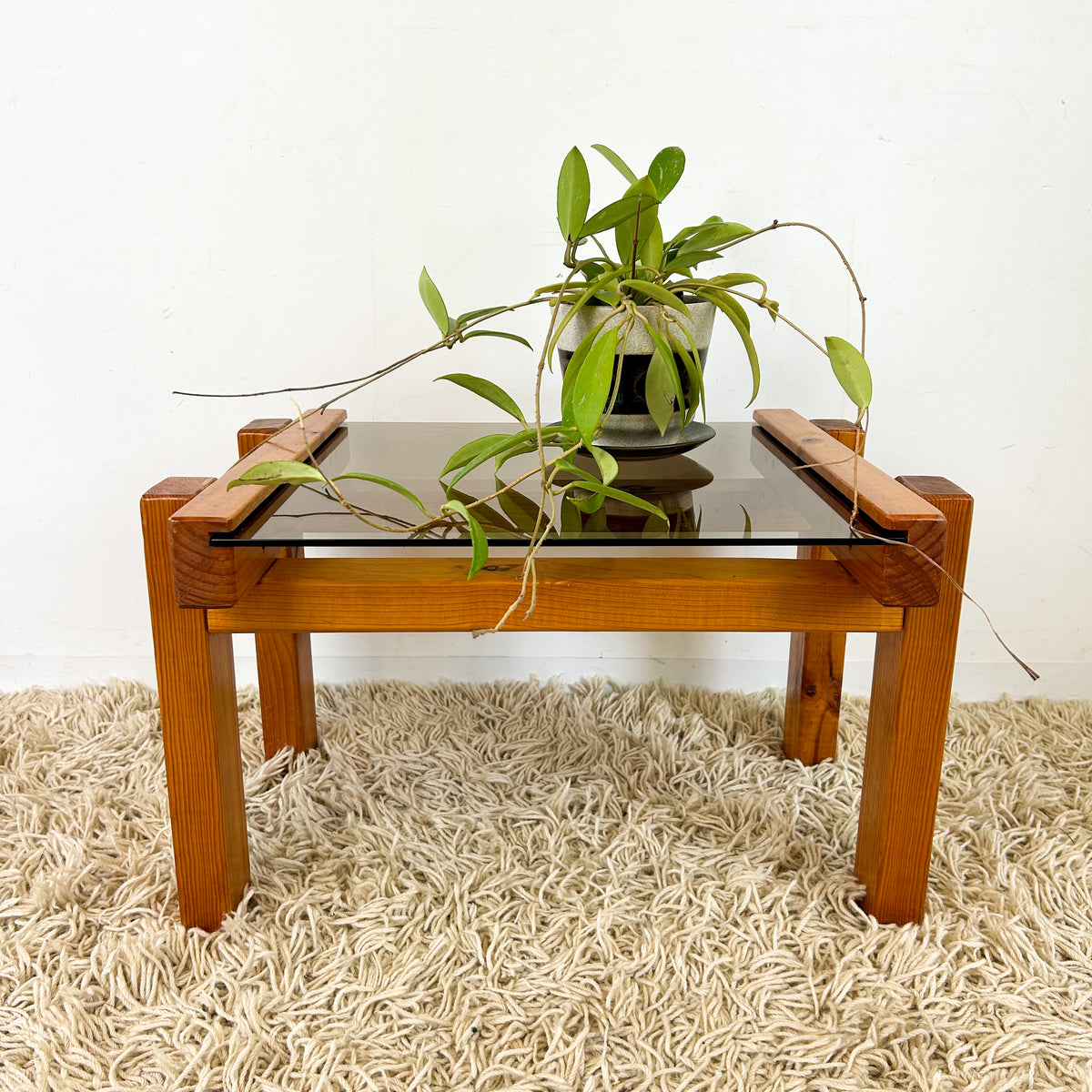 CHUNKY PINE & SMOKY GLASS COFFEE TABLE - HEY JUDE WORKSHOP • Vintage furniture & objects Melbourne