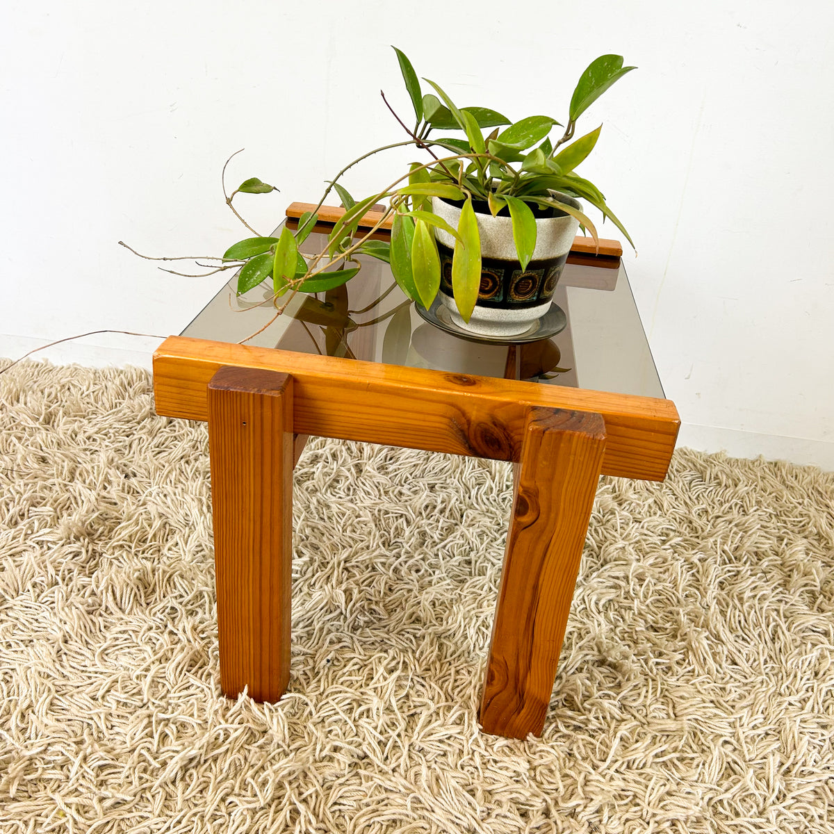 CHUNKY PINE & SMOKY GLASS COFFEE TABLE - HEY JUDE WORKSHOP • Vintage furniture & objects Melbourne