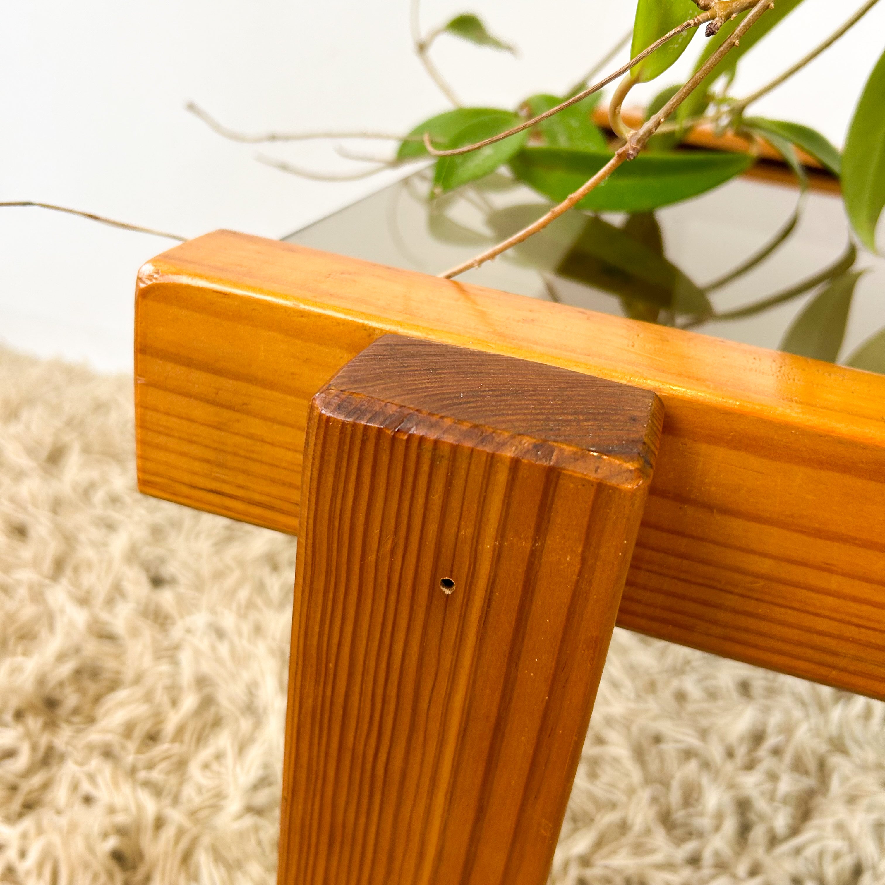 CHUNKY PINE & SMOKY GLASS COFFEE TABLE - HEY JUDE WORKSHOP • Vintage furniture & objects Melbourne