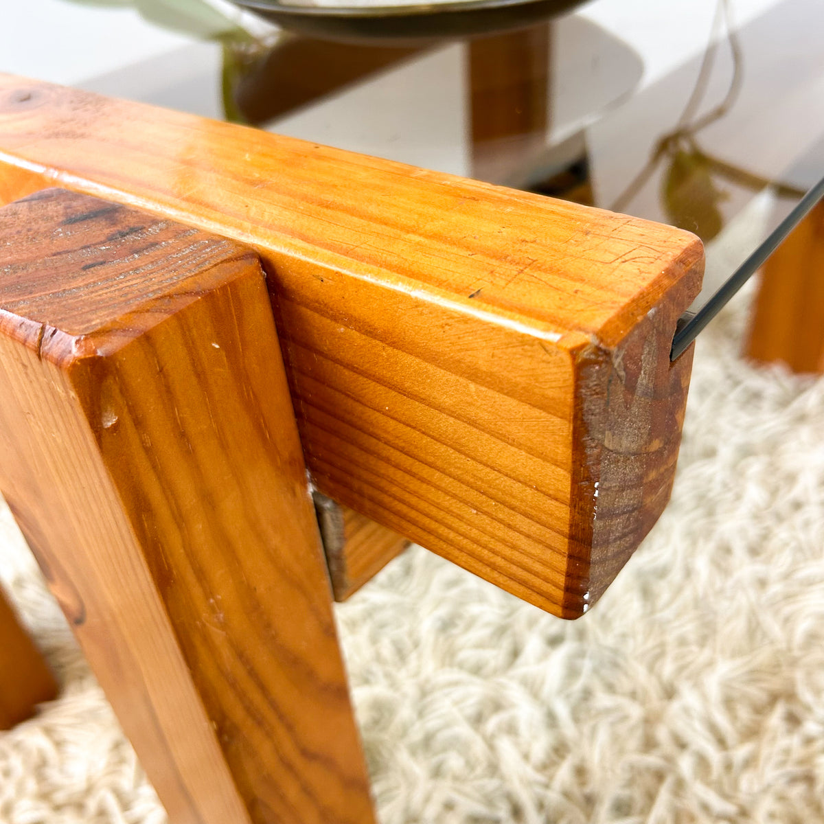 CHUNKY PINE & SMOKY GLASS COFFEE TABLE - HEY JUDE WORKSHOP • Vintage furniture & objects Melbourne