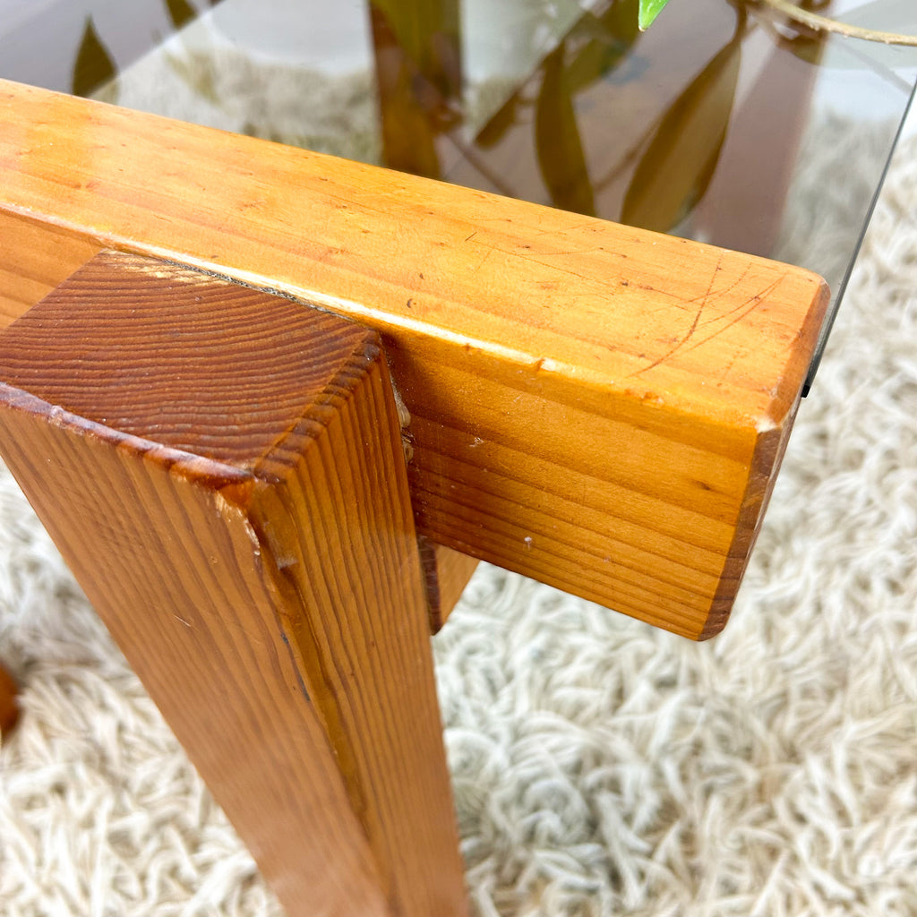 CHUNKY PINE & SMOKY GLASS COFFEE TABLE - HEY JUDE WORKSHOP • Vintage furniture & objects Melbourne