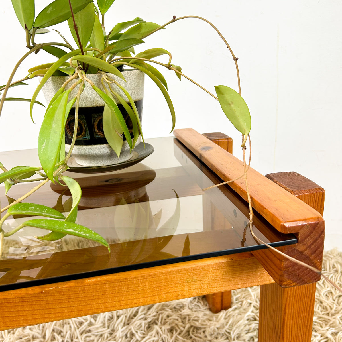 CHUNKY PINE & SMOKY GLASS COFFEE TABLE - HEY JUDE WORKSHOP • Vintage furniture & objects Melbourne