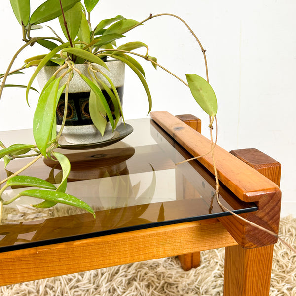 CHUNKY PINE & SMOKY GLASS COFFEE TABLE