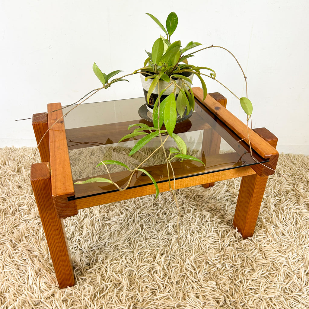 CHUNKY PINE & SMOKY GLASS COFFEE TABLE - HEY JUDE WORKSHOP • Vintage furniture & objects Melbourne