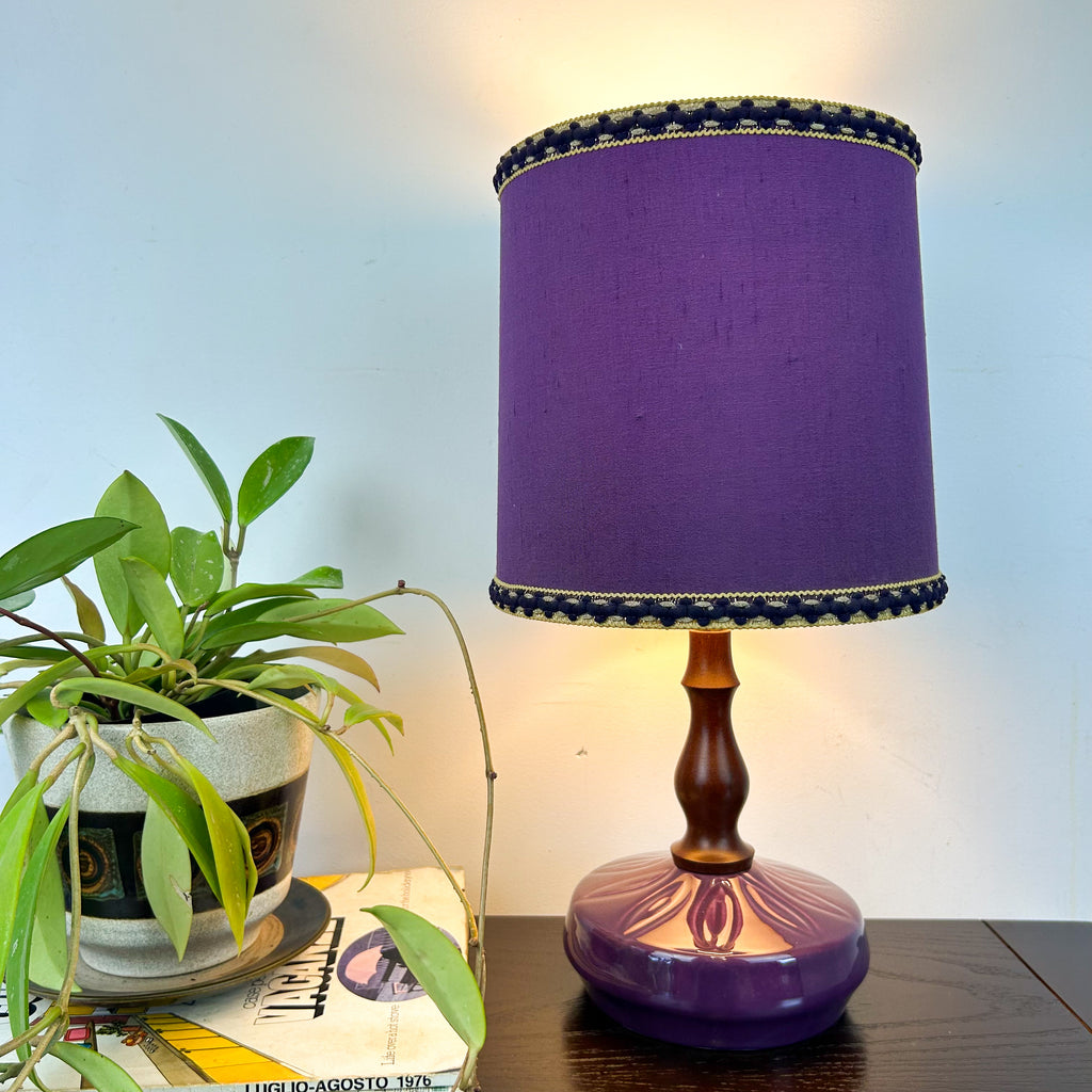 PURPLE CERAMIC TEAK LAMP - HEY JUDE WORKSHOP • Vintage furniture & objects Melbourne