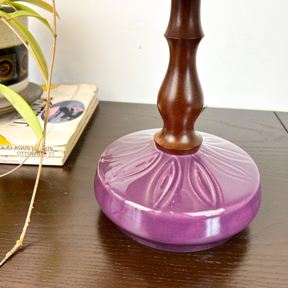 PURPLE CERAMIC TEAK LAMP - HEY JUDE WORKSHOP • Vintage furniture & objects Melbourne