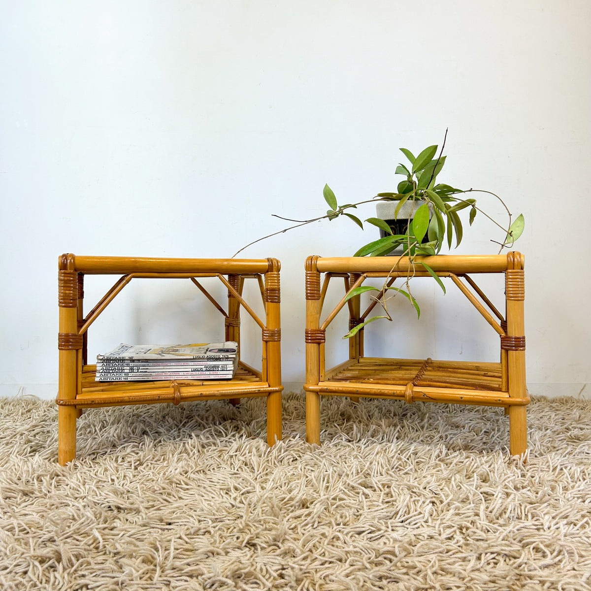 CANE & SMOKY GLASS SIDE TABLES