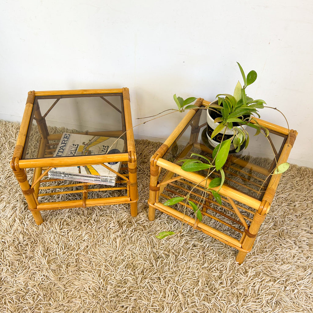 CANE & SMOKY GLASS SIDE TABLES