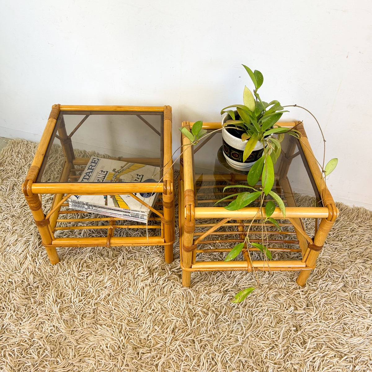 CANE & SMOKY GLASS SIDE TABLES