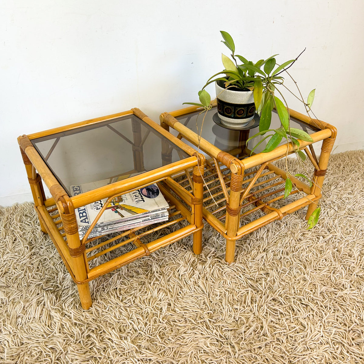 CANE & SMOKY GLASS SIDE TABLES