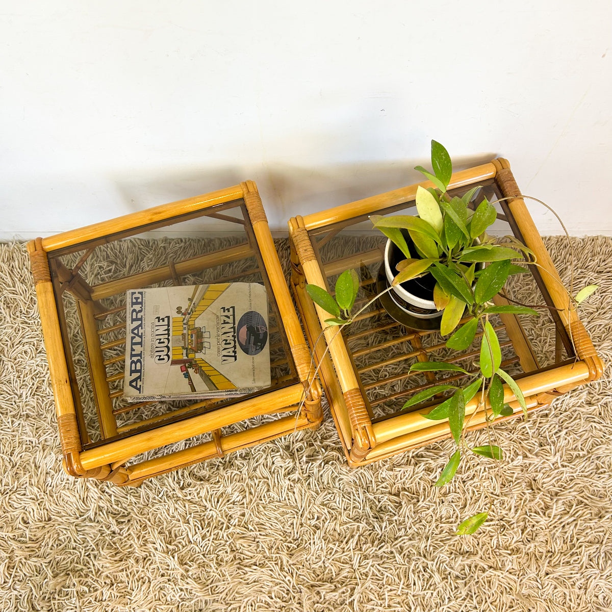 CANE & SMOKY GLASS SIDE TABLES