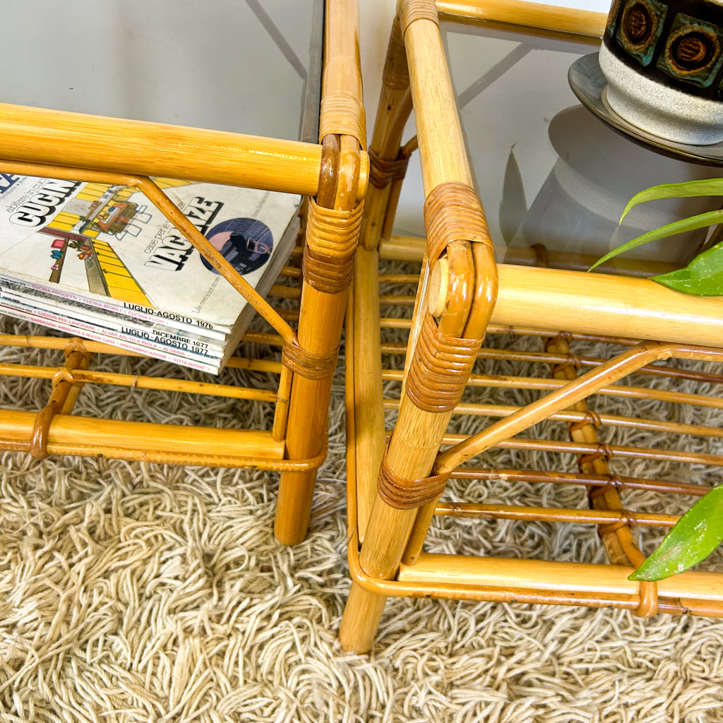 CANE & SMOKY GLASS SIDE TABLES