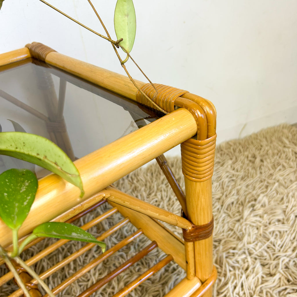 CANE & SMOKY GLASS SIDE TABLES