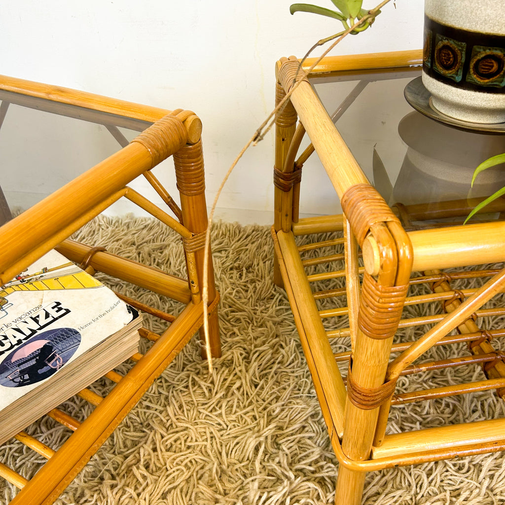 CANE & SMOKY GLASS SIDE TABLES