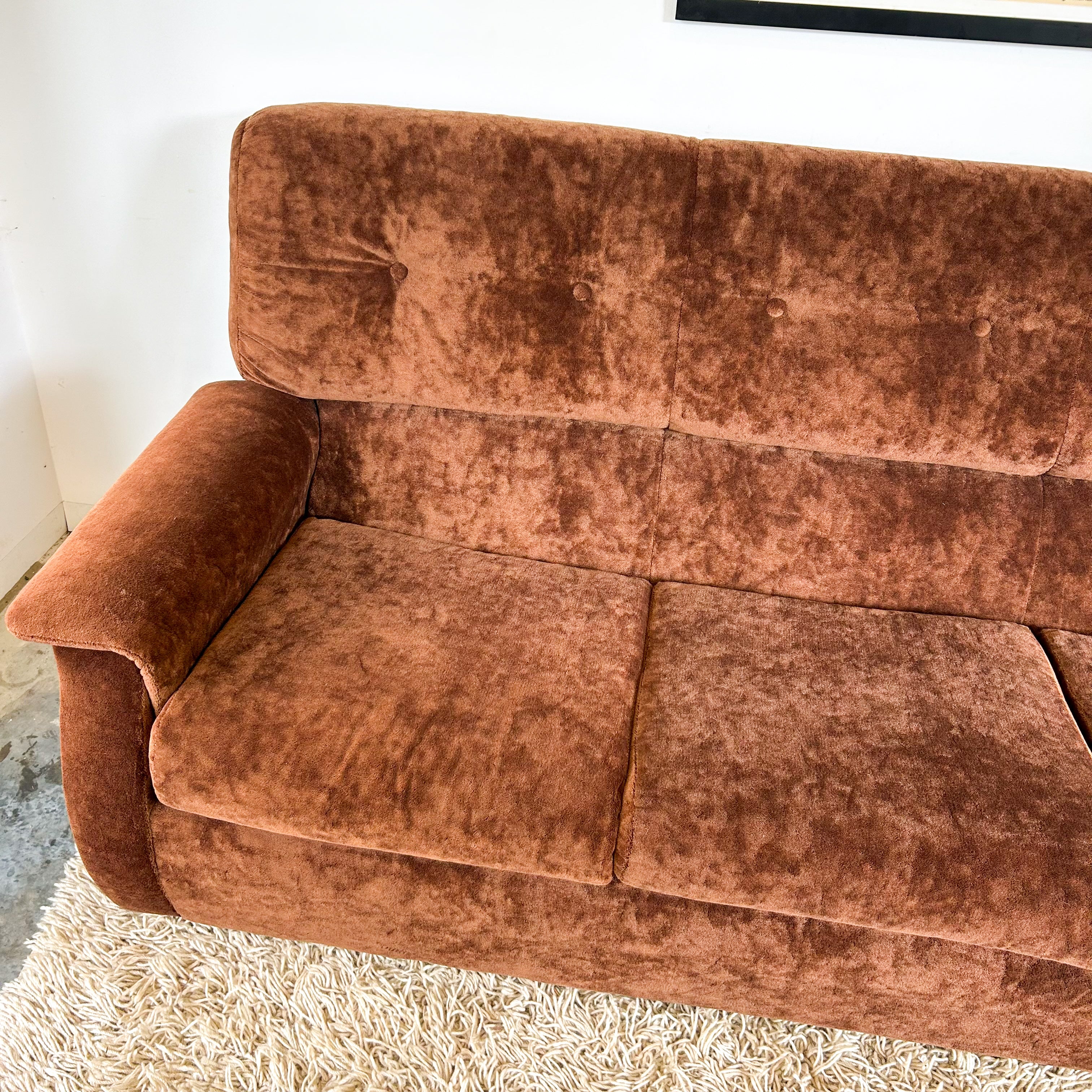 CHOCOLATE BROWN TEDDY SOFA - HEY JUDE WORKSHOP • Vintage furniture & objects Melbourne