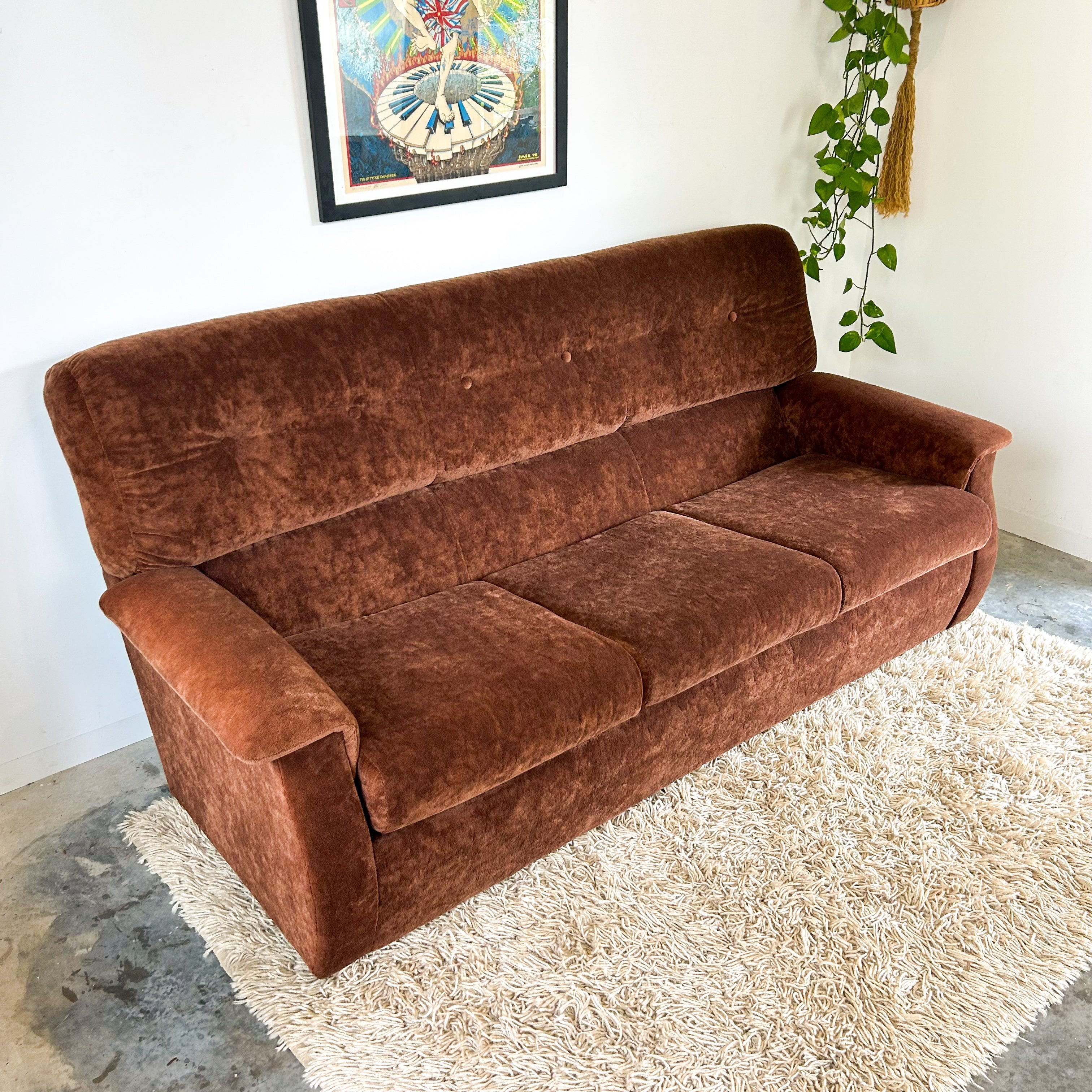 CHOCOLATE BROWN TEDDY SOFA - HEY JUDE WORKSHOP • Vintage furniture & objects Melbourne