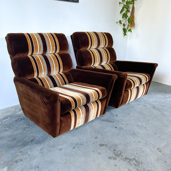 BROWN STRIPED VELOUR ARMCHAIRS