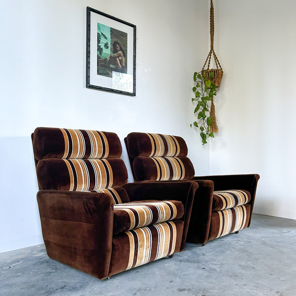 BROWN STRIPED VELOUR ARMCHAIRS