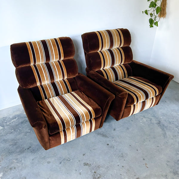 BROWN STRIPED VELOUR ARMCHAIRS