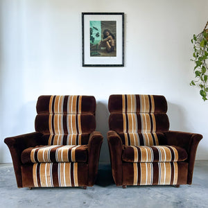 BROWN STRIPED VELOUR ARMCHAIRS