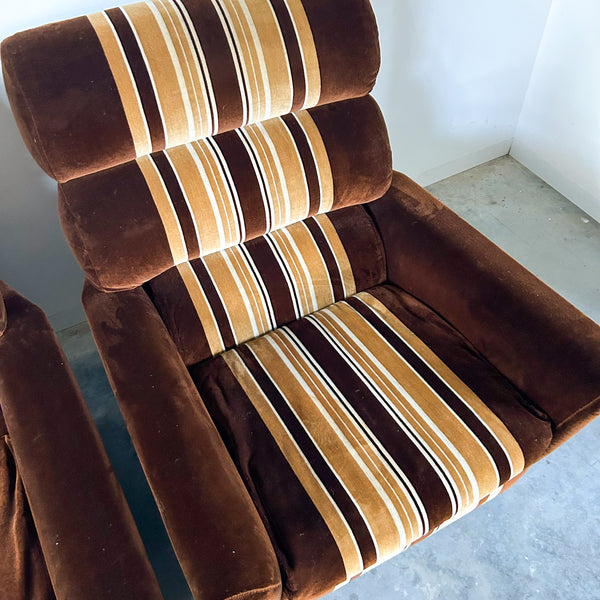 BROWN STRIPED VELOUR ARMCHAIRS