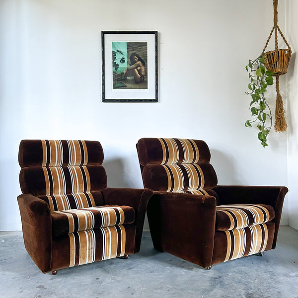 BROWN STRIPED VELOUR ARMCHAIRS