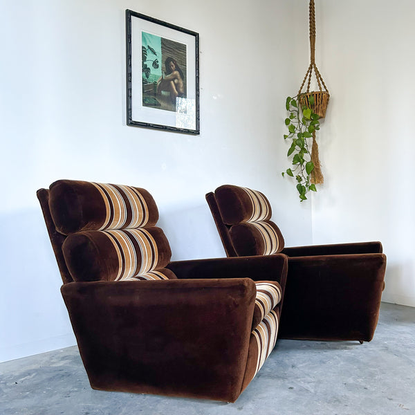 BROWN STRIPED VELOUR ARMCHAIRS