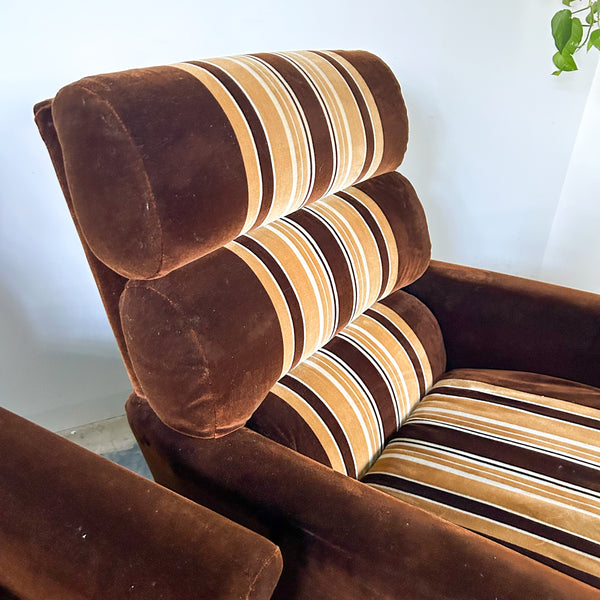 BROWN STRIPED VELOUR ARMCHAIRS