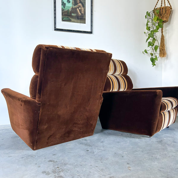 BROWN STRIPED VELOUR ARMCHAIRS