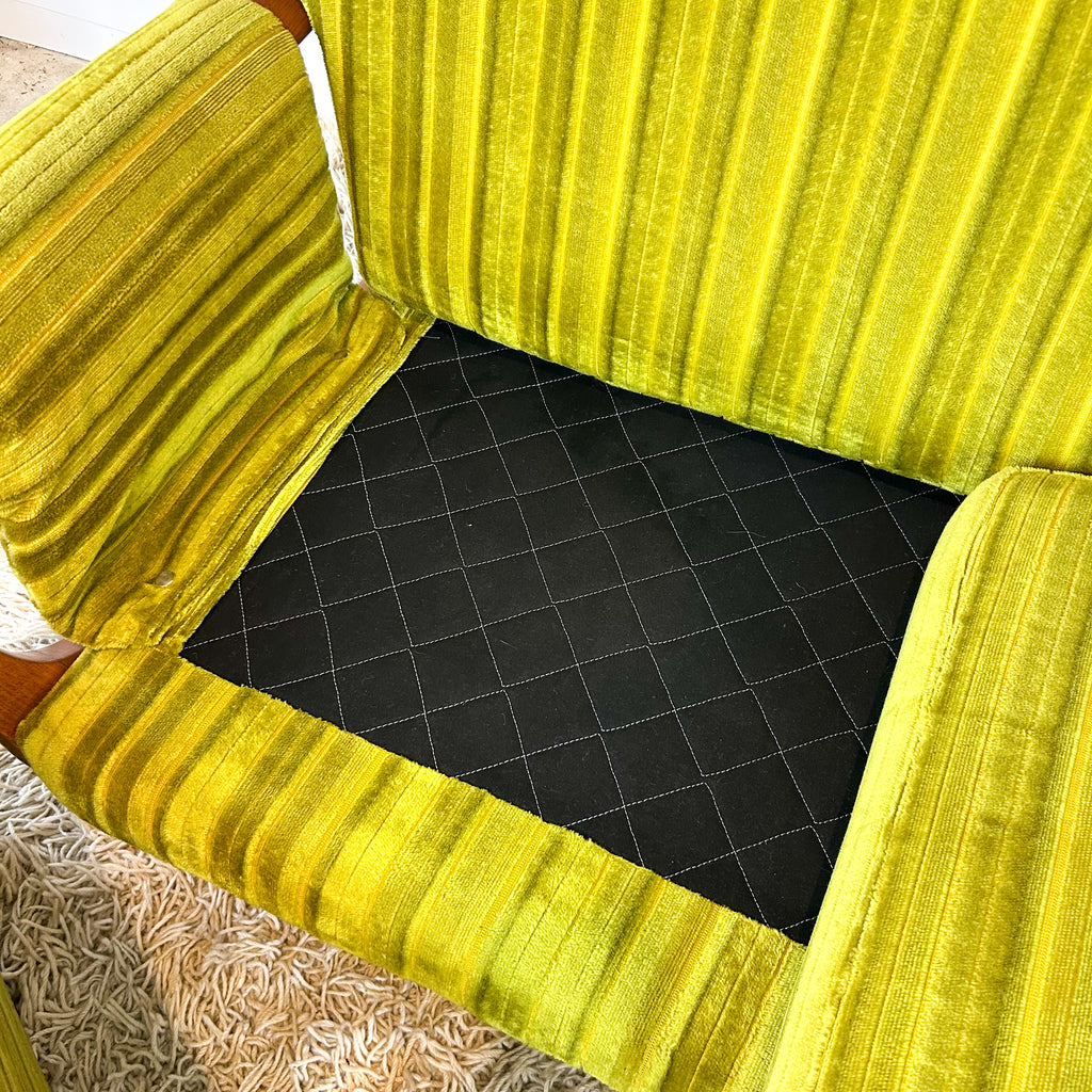 LIME GREEN VELOUR TWO SEATER SOFA - HEY JUDE WORKSHOP • Vintage furniture & objects Melbourne