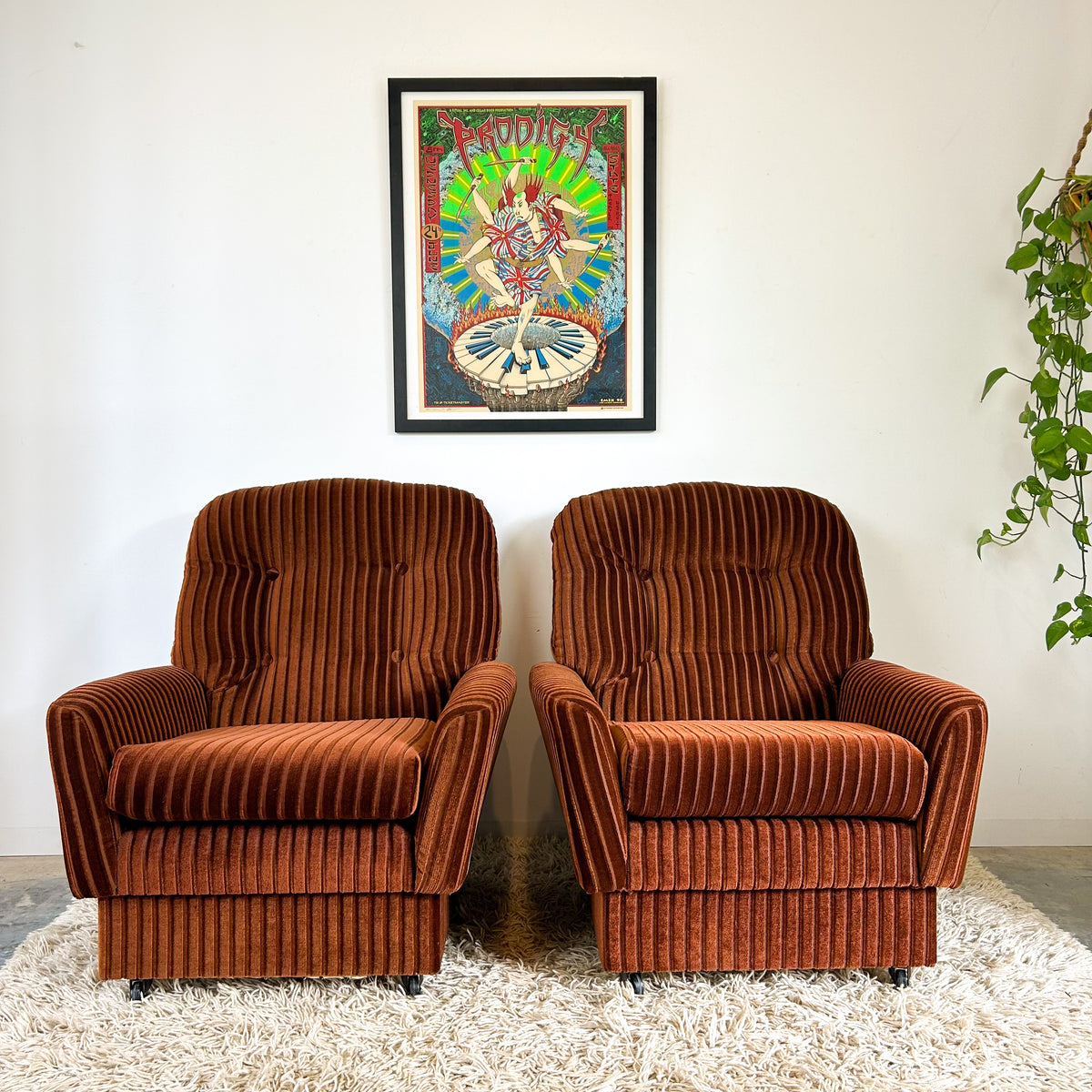 BROWN STRIPE VELOUR ARMCHAIRS - HEY JUDE WORKSHOP • Vintage furniture & objects Melbourne