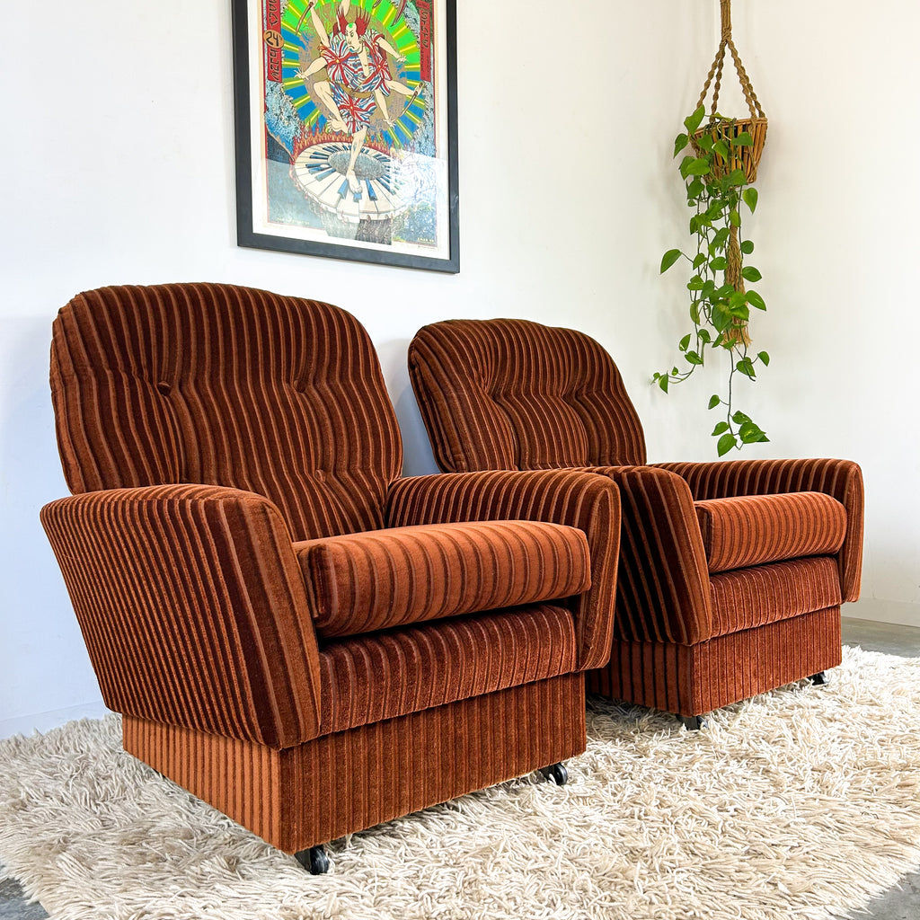 BROWN STRIPE VELOUR ARMCHAIRS - HEY JUDE WORKSHOP • Vintage furniture & objects Melbourne