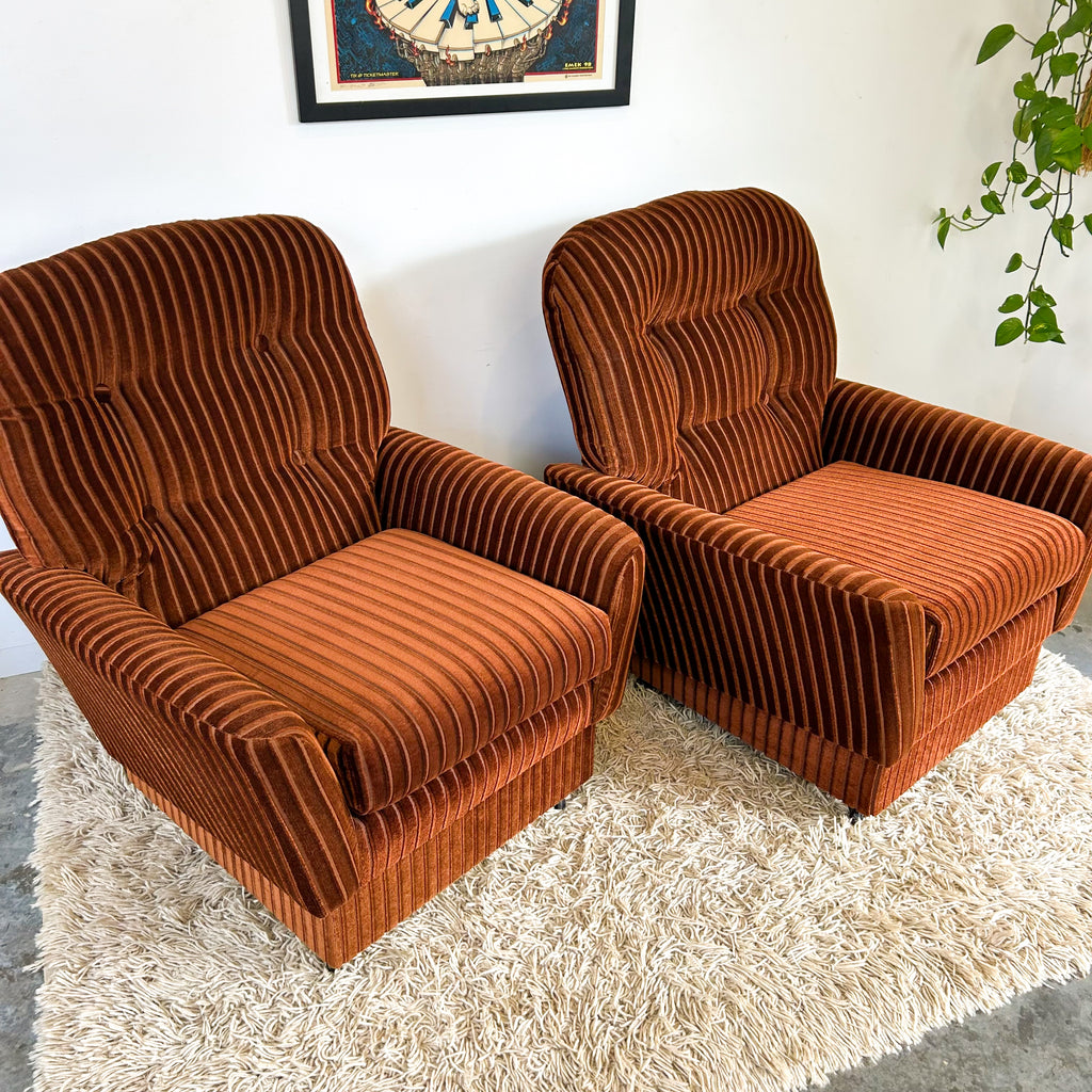 BROWN STRIPE VELOUR ARMCHAIRS - HEY JUDE WORKSHOP • Vintage furniture & objects Melbourne