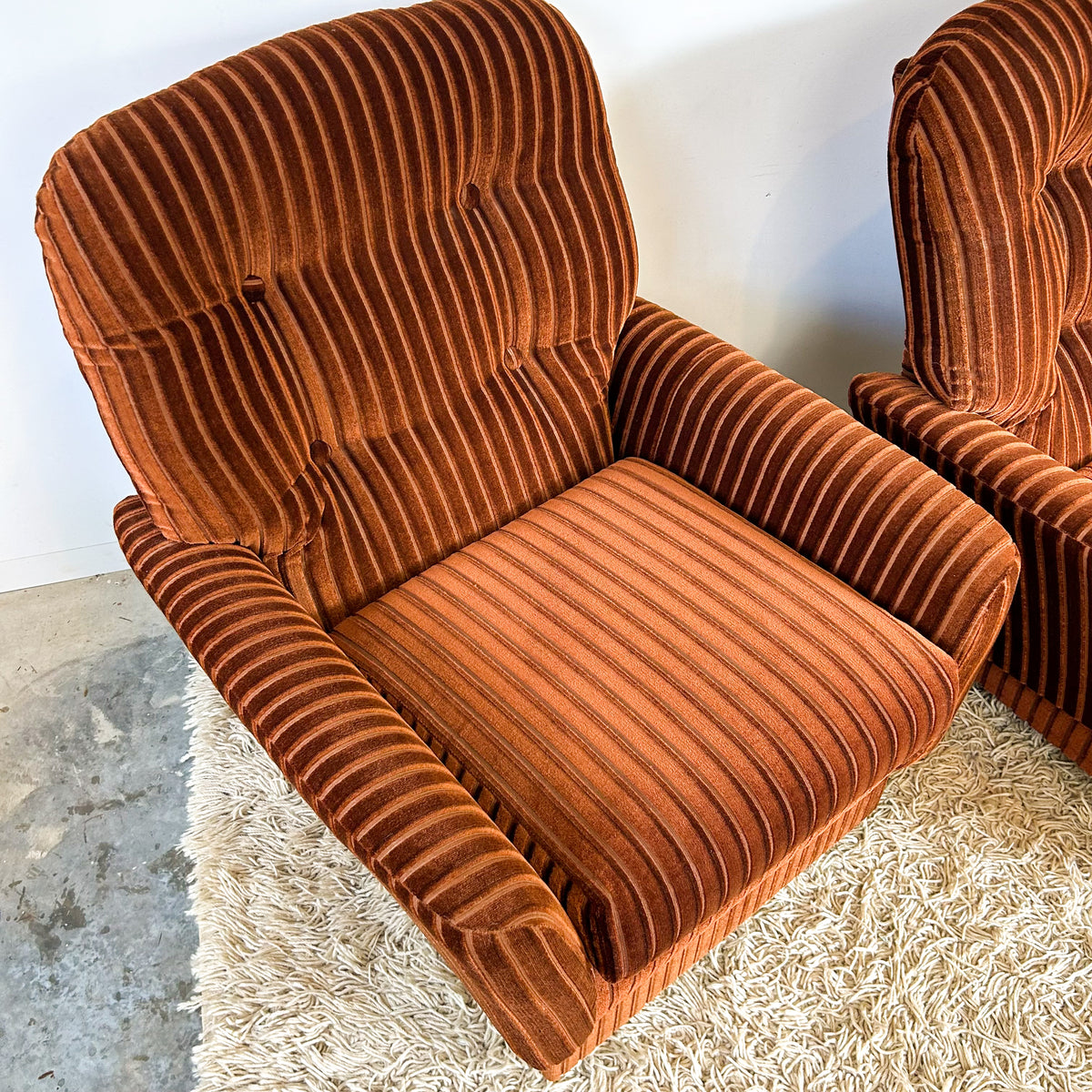 BROWN STRIPE VELOUR ARMCHAIRS - HEY JUDE WORKSHOP • Vintage furniture & objects Melbourne
