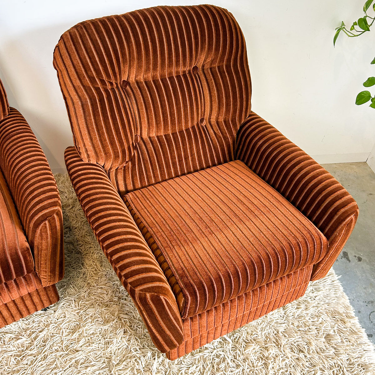 BROWN STRIPE VELOUR ARMCHAIRS - HEY JUDE WORKSHOP • Vintage furniture & objects Melbourne