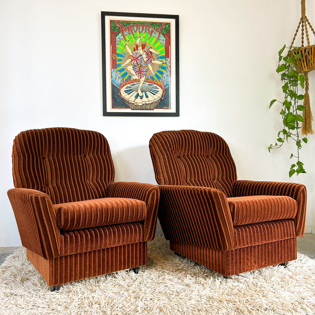 BROWN STRIPE VELOUR ARMCHAIRS - HEY JUDE WORKSHOP • Vintage furniture & objects Melbourne